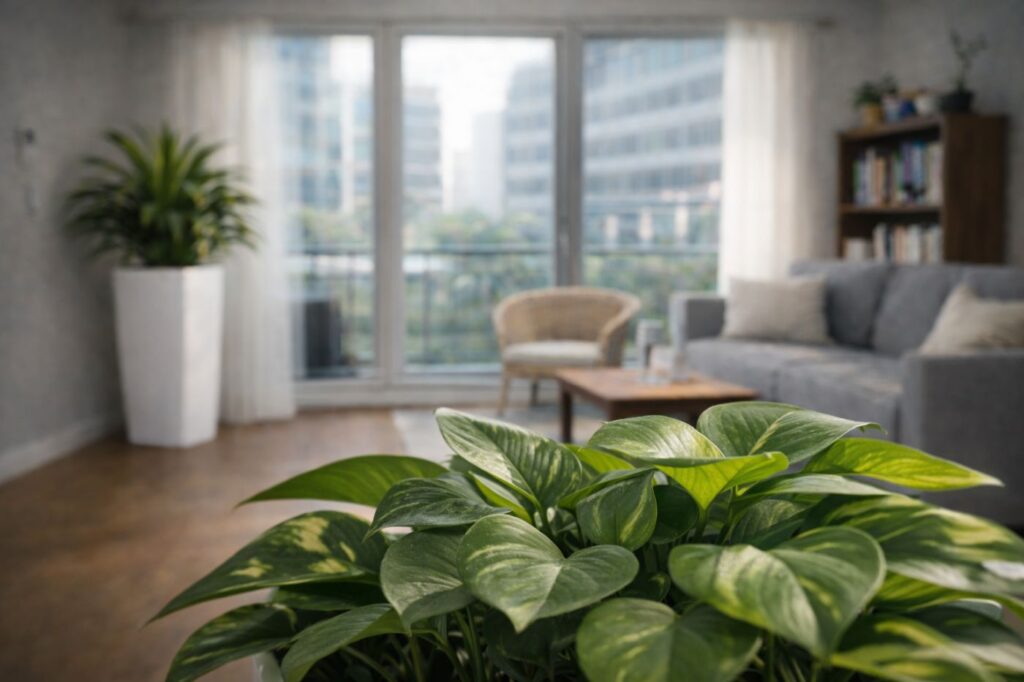 Gesunde Zimmerpflanze in moderner Wohnung – selbstbewässernde Pflanzgefäße sorgen für eine bedarfsgerechte Wasserversorgung